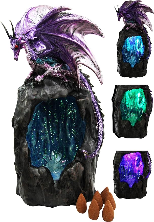 Ebros Gift Purple Azurite Quartz Dragon Climbing On Faux Geode Crystal Gemstone Quarry Mountain Cave Backflow Incense Burner Figurine Faux Stone
