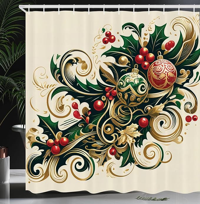 Ambesonne Christmas Shower Curtain, Traditional Xmas Berries Toyon and Globes Ornate on Plain Backdrop, Cloth Fabric Bathroom Decor Set with Hooks, 69" W x 70" L, Beige Green and Vermilion