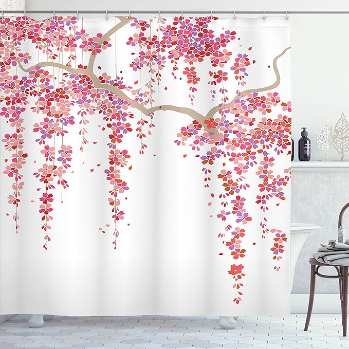 Ambesonne Flower Shower Curtain, Cherry Blossom of Trees on a Branch Springtime of Happy Vacation Traveling Destinations Artwork, Cloth Fabric Bathroom Set with Hooks, 69" W x 70" L, Purple Cocoa