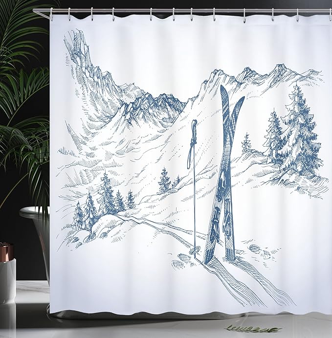 Ambesonne Winter Shower Curtain, Sketchy Graphic of a Downhill Ski Elements in Snow Relax Calm View, Cloth Fabric Bathroom Decor Set with Hooks, 69" W x 75" L, Pale Blue White