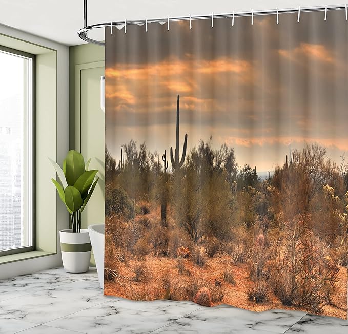 Ambesonne Saguaro Shower Curtain, Dramatic Shady Desert View with a Storm Cloud Approaching Western Arizona Photo, Cloth Fabric Bathroom Decor Set with Hooks, 69" W x 84" L, Orange Green