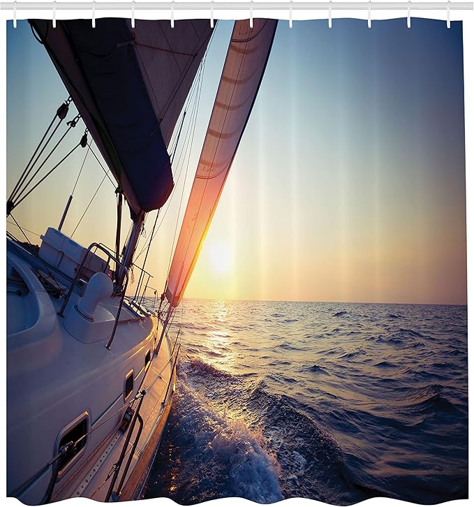 Ambesonne Sailboat Nautical Shower Curtain, Sail Boat Gliding in Open Sea at Sunset Leisure Vessel Windy, Cloth Fabric Bathroom Decor Set with Hooks, 69" W x 70" L, Yellow White Peach