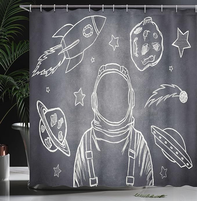 Ambesonne Modern Shower Curtain, Space Backdrop with Planets and Sketchy Astronaut Asteroids in The Galaxy an Image of an Illustration, Cloth Fabric Bathroom Set with Hooks, 69" W x 70" L, Grey Blue