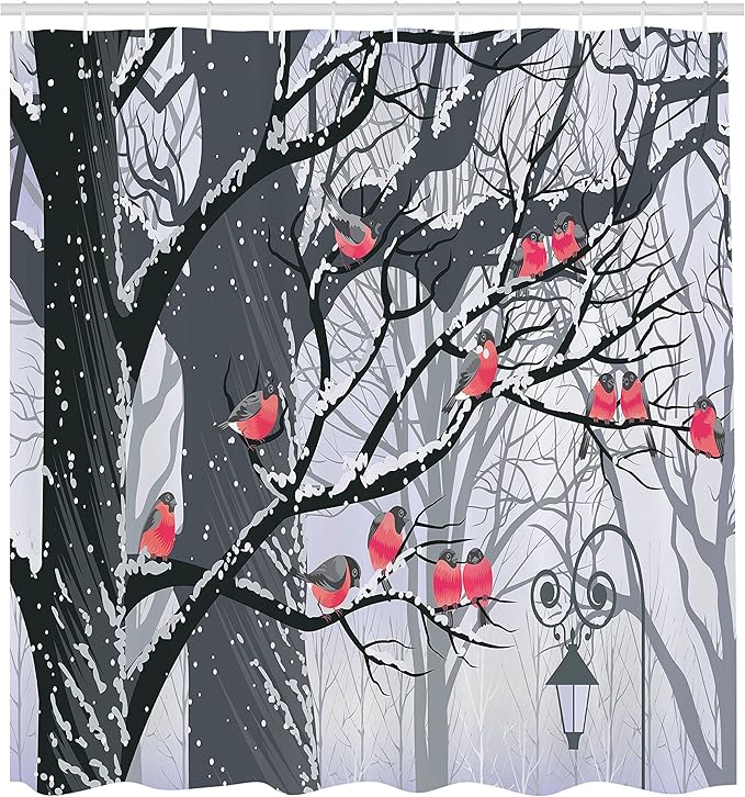 Ambesonne Winter Shower Curtain, Bullfinches on Trees Winter City Park Snow Cold Weather Immigrant Birds Design, Cloth Fabric Bathroom Decor Set with Hooks, 69" W x 70" L, Black Grey