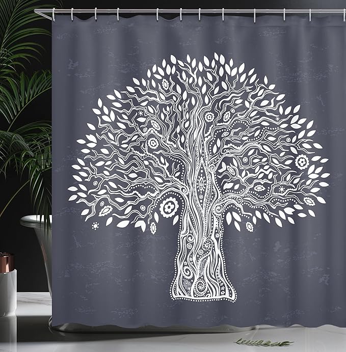 Ambesonne Tree of Life Shower Curtain, Doodle Tree Illustration Oriental Harmonious Design Mother Nature, Cloth Fabric Bathroom Decor Set with Hooks, 69" W x 75" L, Grey White