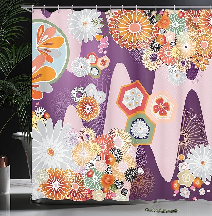 Ambesonne Japanese Shower Curtain, Bohemian Textured Round Shaped Colored Flower Forms in Different Sizes, Cloth Fabric Bathroom Decor Set with Hooks, 69" W x 75" L, Reseda Green