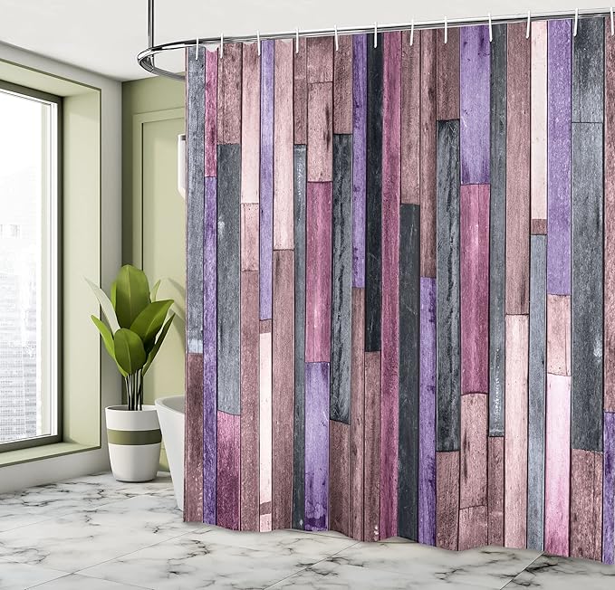Ambesonne Wooden Print Shower Curtain, Brown Old Hardwood Floor Plank Grunge Lodge Garage Natural Rural Graphic, Cloth Fabric Bathroom Decor Set with Hooks, 69" W x 75" L, Blue Violet