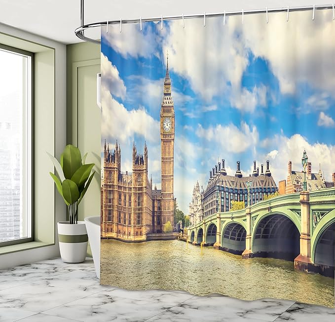 Ambesonne London Shower Curtain, Big Ben Clock Tower and Westminster Bridge Cloudy Day in Spring, Cloth Fabric Bathroom Decor Set with Hooks, 69" W x 70" L, Pale Green Pale Brown