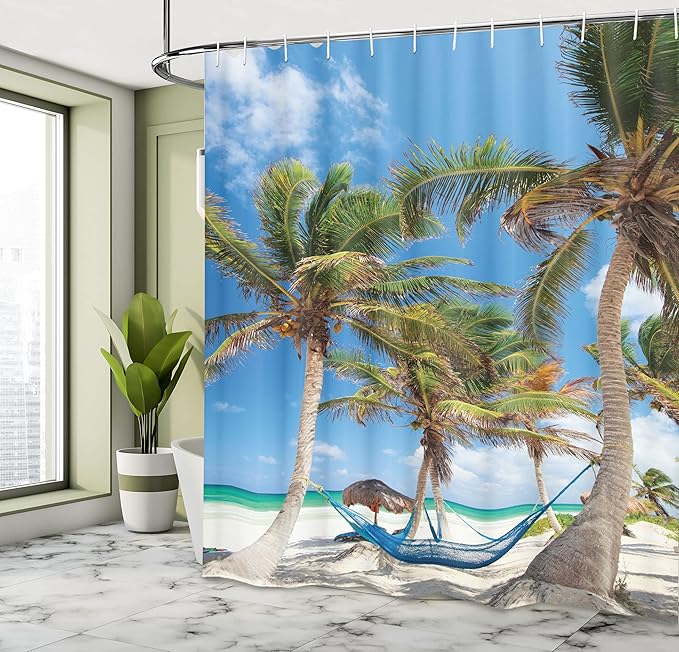 Ambesonne Beach Shower Curtain, Hammock Between Palm Trees and Sand Sunny Coast Scenery Travel Holiday Tropic Vacation Image, Cloth Fabric Bathroom Decor Set with Hooks, 69" W x 84" L, Coconut Green