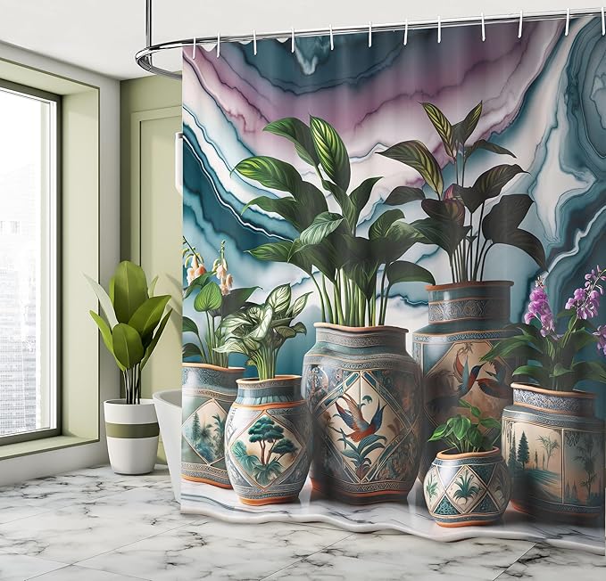 Ambesonne Botanical Shower Curtain, Oriental Detailed Illustration with Jungle Leaves on Marble Print Back, Cloth Fabric Bathroom Decor Set with Hooks, 69" W x 75" L, Sea Blue Fern Green