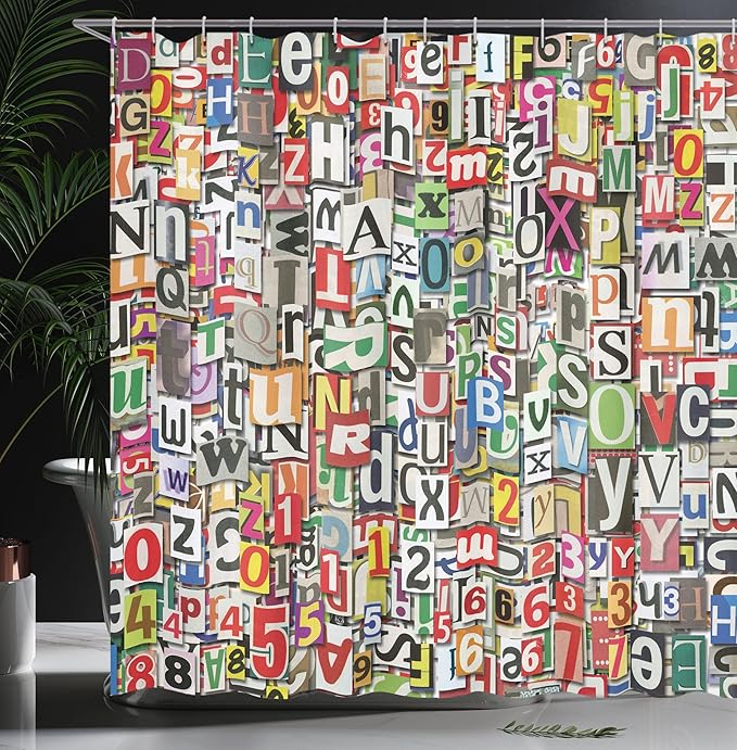 Ambesonne Abstract Shower Curtain, Collage of a Newspaper with Clippings and Alphabets Cuttings in a Diversity of Letters Digital, Cloth Fabric Bathroom Decor Set with Hooks, 69" W x 70" L, Red Blue