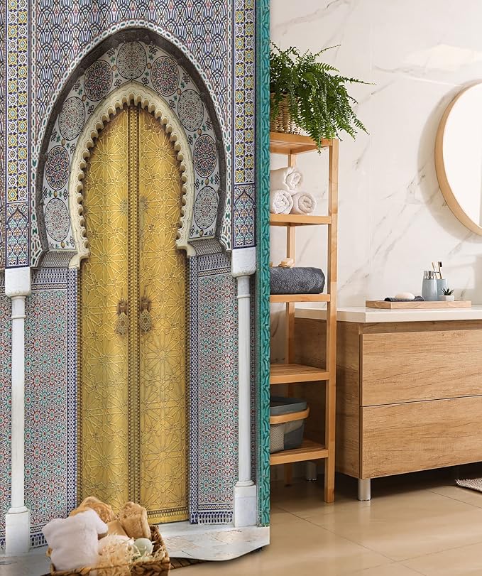 Ambesonne Orient Stall Shower Curtain, Yellow Door of Royal Palace in FES Morocco Vintage Moroccan Artwork Mosaic Style, Fabric Bathroom Decor Set with Hooks, 36" W x 72" L, Navy Ivory