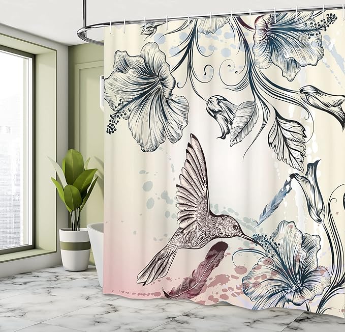 Ambesonne Hummingbird Shower Curtain, Floral Art in Vintage Style Bird Hibiscus Flowers and Feathers, Cloth Fabric Bathroom Decor Set with Hooks, 69" W x 70" L, Teal Brown