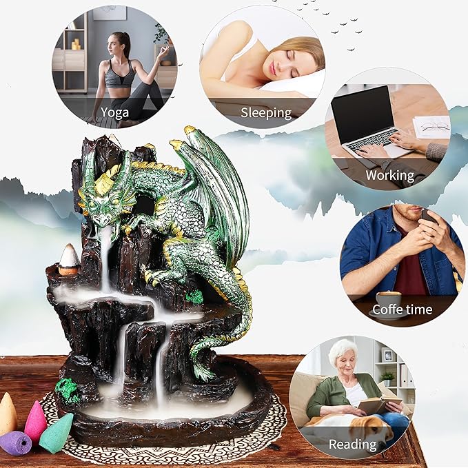 Dragon Backflow 2 Sided Mountain Waterfall Incense Burner,Fountain Smoke Incense Holder with Backflow Incense Cones, Tweezers, Mat，Resin Aromatherapy Meditation (Green)