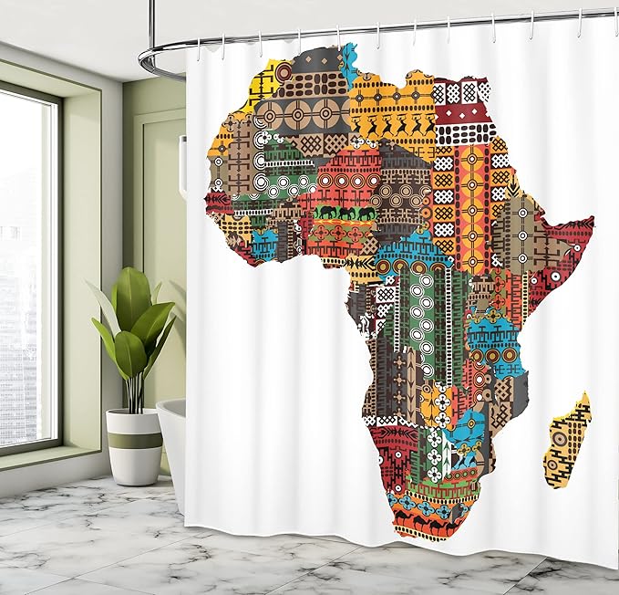 Ambesonne African Shower Curtain, Map with Countries Architectural Feature Popular Continent Artwork, Cloth Fabric Bathroom Decor Set with Hooks, 69" W x 84" L, Earth Yellow
