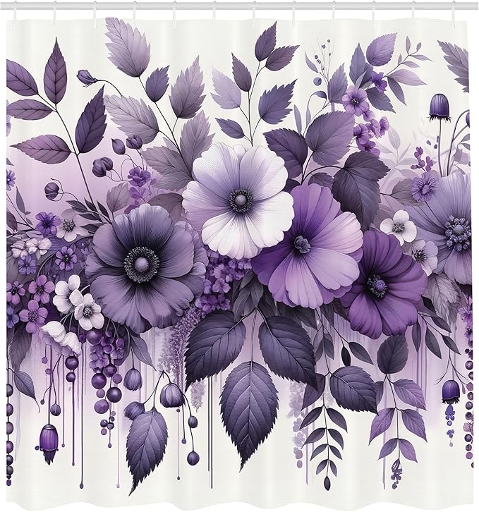 Ambesonne Purple Shower Curtain, Cascade Leafy Floral Huddle with Dreamy Aura Celestial Jungle Art Boho, Cloth Fabric Bathroom Decor Set with Hooks, 69" W x 75" L, Mauve Indigo and White