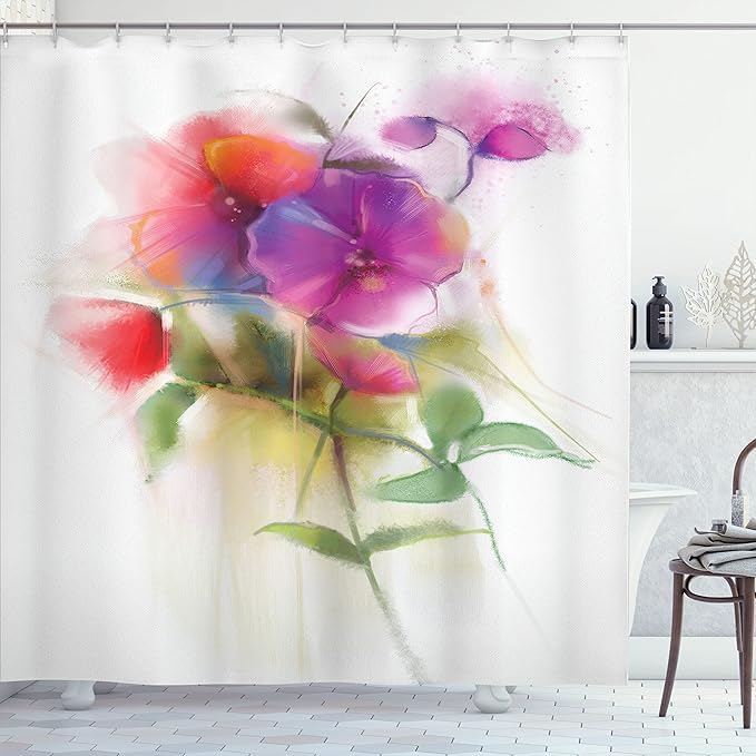 Ambesonne Flower Shower Curtain, Blooming Orchid Spring Bouquet Romance Wedding Themed Natural Beauties Fragrance, Cloth Fabric Bathroom Decor Set with Hooks, 69" W x 75" L, Off White Reseda Green