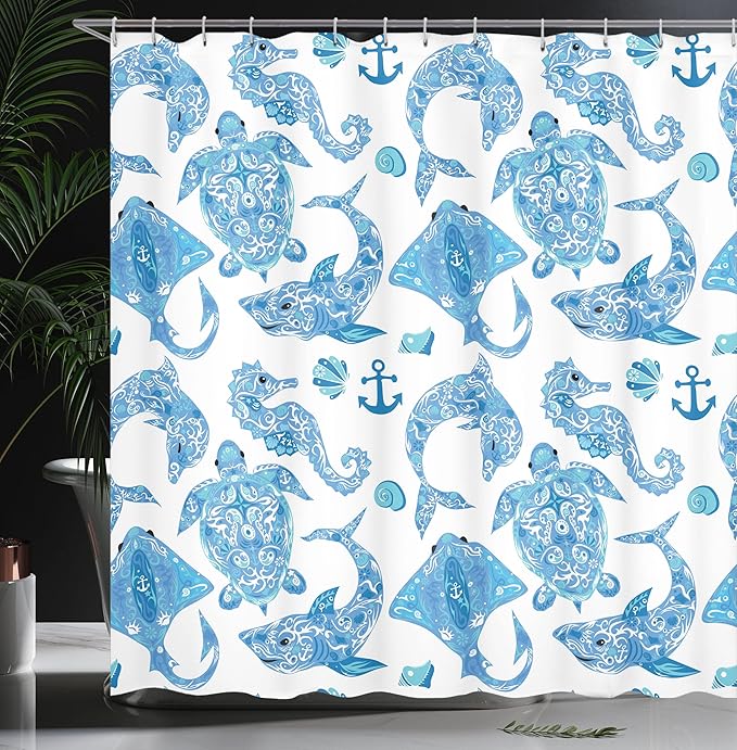 Ambesonne Anchor Shower Curtain, Pattern with Turtle Dolphin Sea Horse Mollusk Shark Fauna Exotic Tropical Aquatic, Cloth Fabric Bathroom Decor Set with Hooks, 69" W x 70" L, Sky Blue