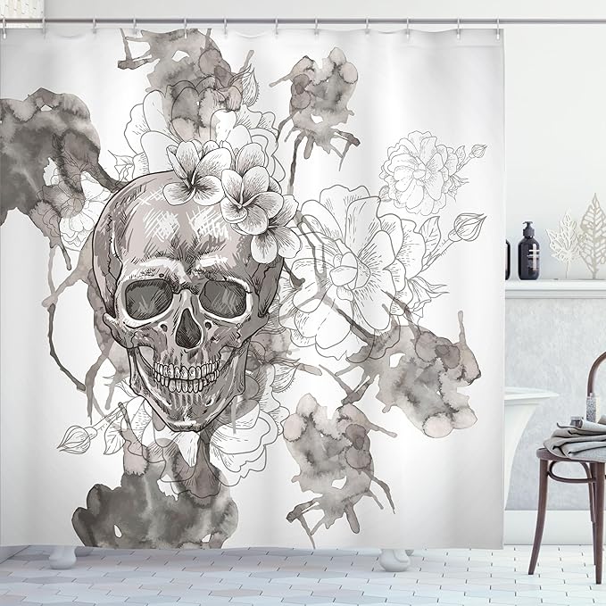 Ambesonne Day of The Dead Shower Curtain, Painting Skull Flowers Dia de Los Muertos Designed Print, Cloth Fabric Bathroom Decor Set with Hooks, 69" W x 70" L, Dimgrey and White