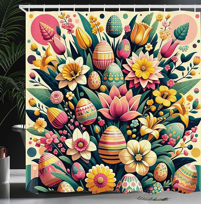 Ambesonne Spring Shower Curtain, Vintage Whimsical Ethnic Eggs Eastern and Flowers on Creamy Background, Cloth Fabric Bathroom Decor Set with Hooks, 69" W x 70" L, Jade Green Cream Pink