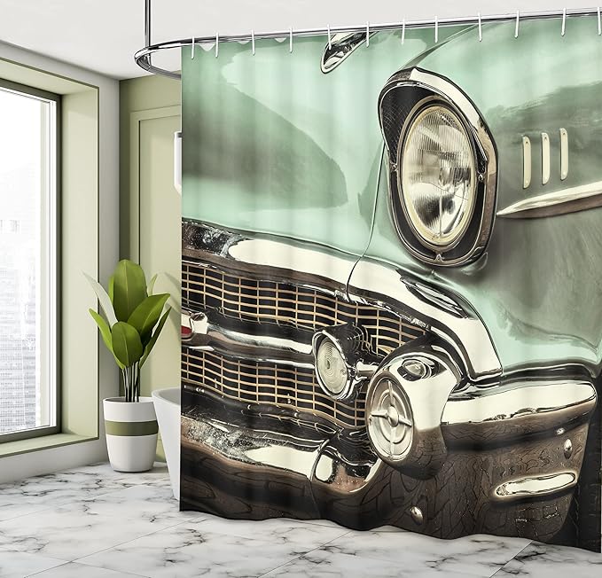 Ambesonne 1950s Shower Curtain, Retro Styled Image of a Front of a Green Antique Car American Bumper History Polished, Cloth Fabric Bathroom Decor Set with Hooks, 69" W x 70" L, Green
