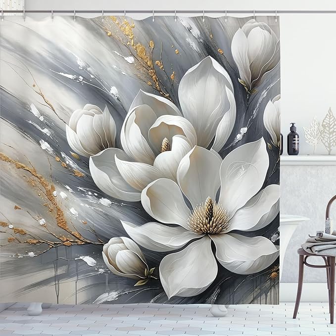 Ambesonne Grey Shower Curtain, Blooming Dreamy Magnolia Flowers with Marble Print Details Bohemian Art Floral, Cloth Fabric Bathroom Decor Set with Hooks, 69" W x 70" L, Ivory Slate Blue