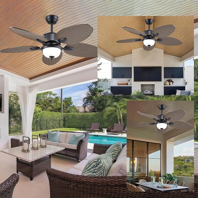 Wiviniya 50 Inch Tropical Ceiling Fans with Lights, Palm Leaf Waterproof Outdoor Ceiling Fan for Patios Porch, Remote/APP Control, Wet Rated, Glass Lampshade, Quiet DC Motor, Dimmable LED, Dark Brown