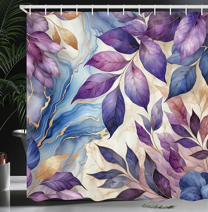 Ambesonne Purple Shower Curtain, Leaves Dancing in The Wind Art on a Marble Print Background in Warm Tones, Cloth Fabric Bathroom Decor Set with Hooks, 69" W x 70" L, Quartz Lilac Mauve