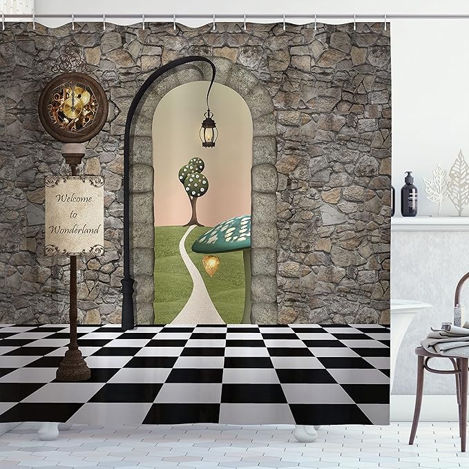Ambesonne Alice in Wonderland Shower Curtain, Welcome Wonderland Black and White Floor Landscape Mushroom Print, Cloth Fabric Bathroom Decor Set with Hooks, 69" W x 70" L, Black Green
