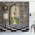 Ambesonne Alice in Wonderland Shower Curtain, Welcome Wonderland Black and White Floor Landscape Mushroom Print, Cloth Fabric Bathroom Decor Set with Hooks, 69" W x 75" L, Black Green