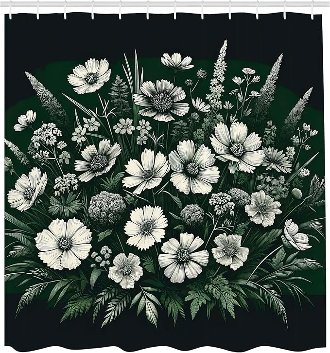Ambesonne Dark Green Shower Curtain, Delicate Arrangement of Daisies and Pansies on Dark Background Print, Cloth Fabric Bathroom Decor Set with Hooks, 69" W x 70" L, Emerald Off White Grey