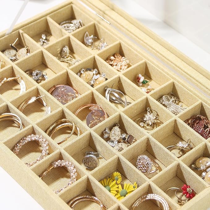 Coward Ring Earring Jewelry Organizer Box, 35 Grids Dustproof Display Holder Case, Yellow Linen Velvet Jewelry Bead Display Tray Case with Transparent Glass Lid for Momen Girls