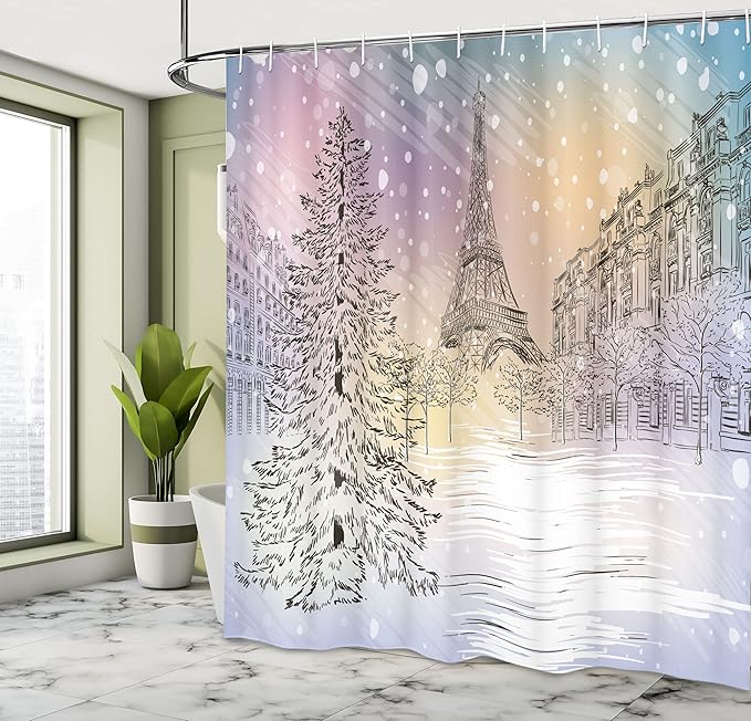 Ambesonne Winter Shower Curtain, Image of Stormy Winter Day in Idyllic Paris Streets Eiffel Tower Europe Scenery, Cloth Fabric Bathroom Decor Set with Hooks, 69" W x 70" L, Pink White
