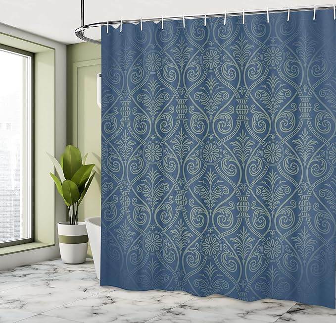 Ambesonne Damask Shower Curtain, Antique Baroque Pattern Mild Gothic Victorian Style Repeated Curly Motifs, Cloth Fabric Bathroom Decor Set with Hooks, 69" W x 70" L, Sea Blue