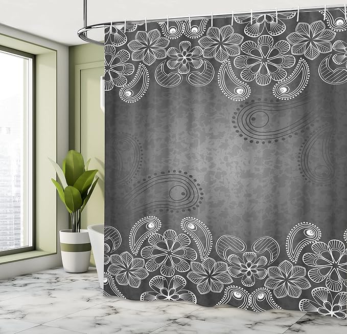 Ambesonne Floral Shower Curtain, Classic Victorian in Dark Contrast Tones with Paisley Petal Floret Image, Cloth Fabric Bathroom Decor Set with Hooks, 69" W x 70" L, White Grey