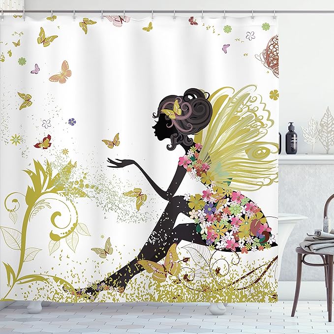 Ambesonne Fantasy Shower Curtain, Spring Girl Wings in a Floral Dress Surreal Garden Butterflies Print, Cloth Fabric Bathroom Decor Set with Hooks, 69" W x 70" L, Pale Earth