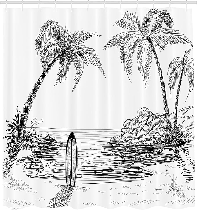 Ambesonne Surf Shower Curtain, Seascape with Coconut Tree and Surfboard on The Sand Summer Time Exotic Island Sketch, Cloth Fabric Bathroom Decor Set with Hooks, 69" W x 75" L, White and Black