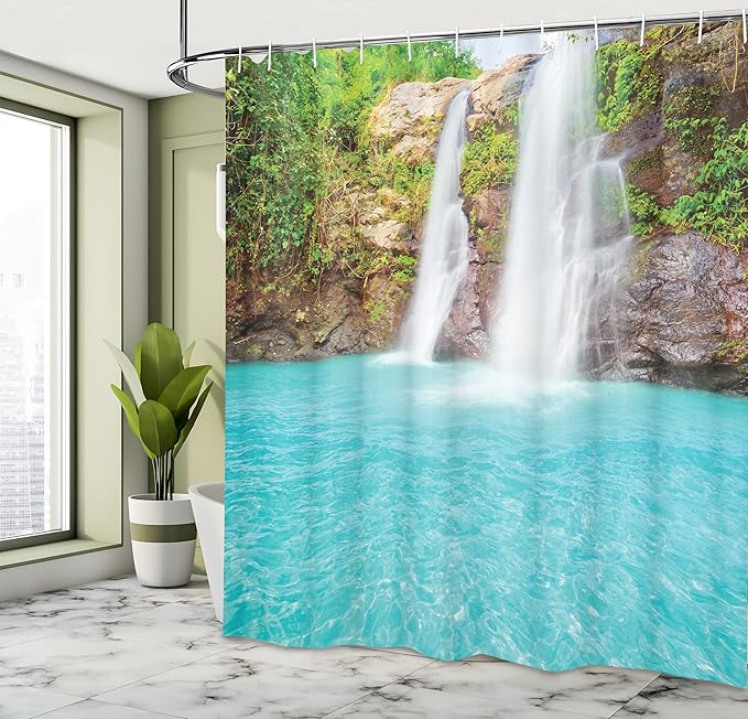 Ambesonne Waterfall Shower Curtain, Waterfall and Clear Natural Pool Plants Sunbeams in a Summer Day View, Cloth Fabric Bathroom Decor Set with Hooks, 69" W x 84" L, Aqua Green Pale Brown