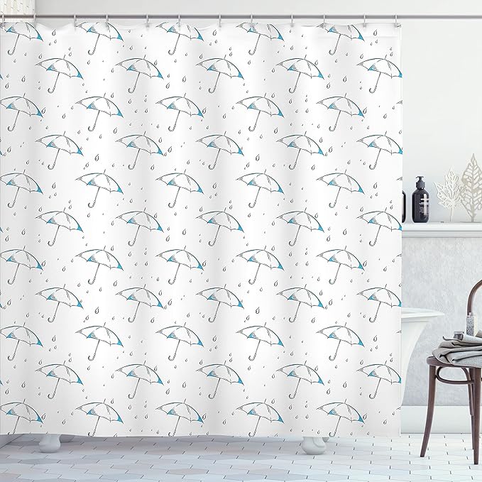 Ambesonne Umbrella Shower Curtain, Repetitive Simple Sketchy Parasol Motif and Rain Drops Fall Autumn Season Themed Artwork Pattern, Cloth Fabric Bathroom Set with Hooks, 69" W x 70" L, White Blue