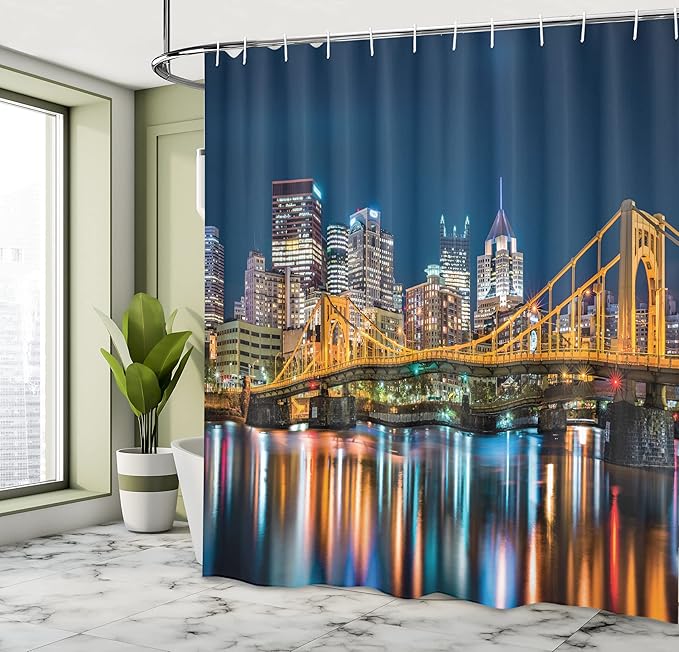 Ambesonne City Pittsburgh Shower Curtain, Rachel Carson Bridge and Reflection on River Landscape Nighttime, Cloth Fabric Bathroom Decor Set with Hooks, 69" W x 70" L, Dark Blue Amber
