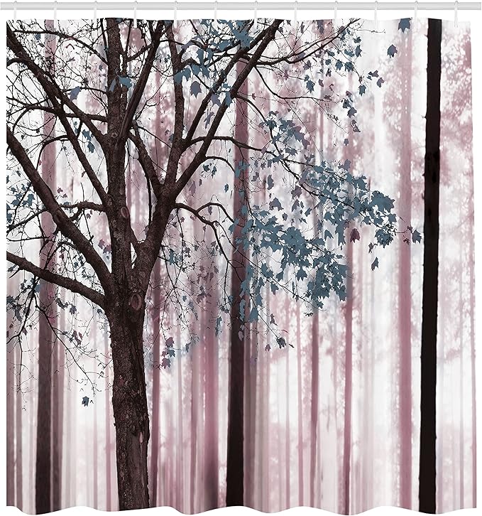Ambesonne Autumn Shower Curtain, Picture of a Lonely Tree Leaves on an Abstract Woodland Background Print, Cloth Fabric Bathroom Decor Set with Hooks, 69" W x 75" L, Grey Pink