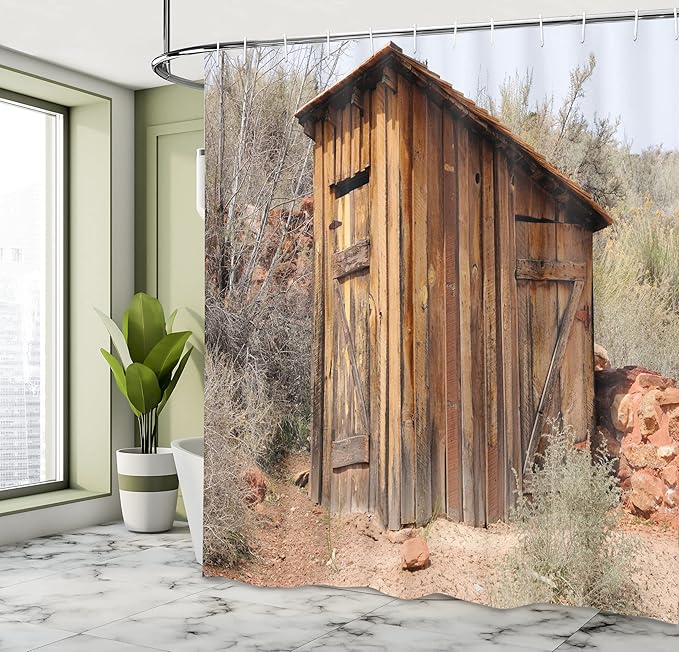 Ambesonne Outhouse Shower Curtain, Old Wooden Shed in The Outback Country Side Olive Trees, Cloth Fabric Bathroom Decor Set with Hooks, 69" W x 75" L, Caramel Brown