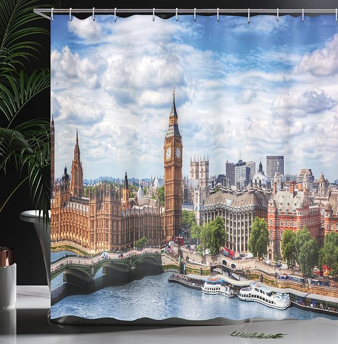 Ambesonne London Shower Curtain, Extensive Cityscape with Big Ben Westminster Bridge on River Thames and Clouds Image, Cloth Fabric Bathroom Decor Set with Hooks, 69" W x 70" L, White Green
