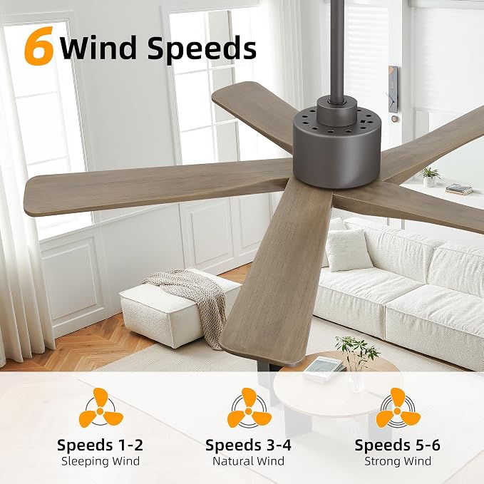 WINGBO 48" DC Ceiling Fan No Light - 5 Carved Solid Wood Blades, 6-Speed Reversible DC Motor, Ceiling Fan without Lights for Living Room Bedroom Kitchen Patio, Indoor and Outdoor, Graphite and Gray