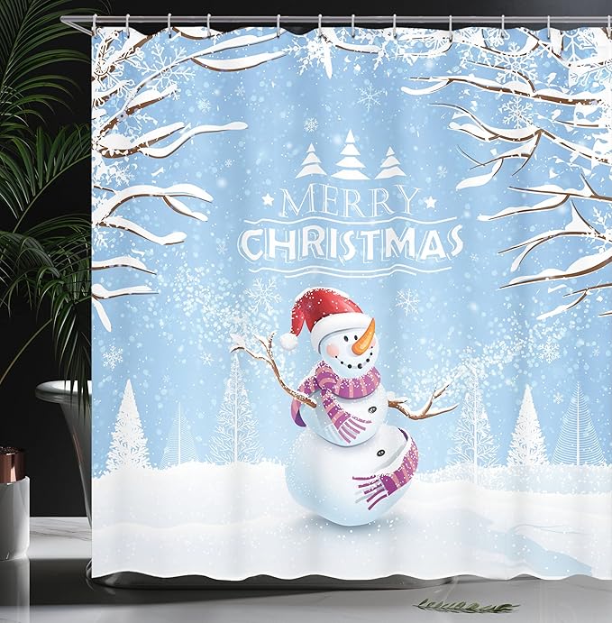 Ambesonne Christmas Shower Curtain, Cloth Fabric Bathroom Decor Set with Hooks, Winter Hat, 69" W x 75" L, White Blue