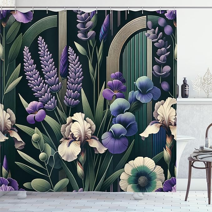 Ambesonne Lavender Shower Curtain, Mid Century Modern Boho Arch Details Jungle Atmosphere Blooming Flowers, Cloth Fabric Bathroom Decor Set with Hooks, 69" W x 84" L, Eggshell Green Purple