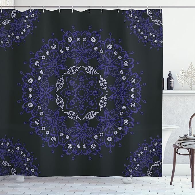 Ambesonne Dark Blue Shower Curtain, Oriental Round Ornate Mandala Lace Style Eastern, Cloth Fabric Bathroom Decor Set with Hooks, 69" W x 70" L, Blue Violet Coconut