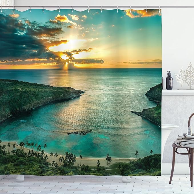 Ambesonne Hawaiian Shower Curtain, Sunrise Over Hanauma Bay Oahu Hawaii Sunbeams Through Clouds Shoreline, Cloth Fabric Bathroom Decor Set with Hooks, 69" W x 75" L, Turquoise Green Yellow