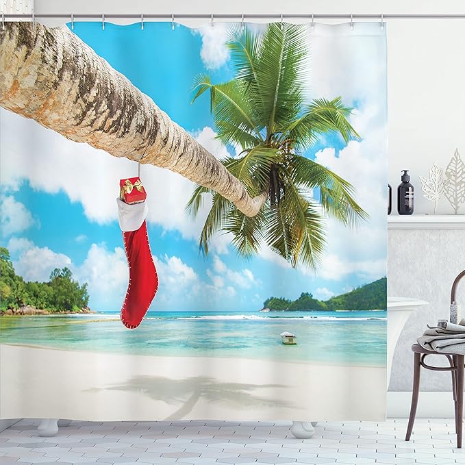 Ambesonne Christmas Shower Curtain, Cloth Fabric Bathroom Decor Set with Hooks, Tropical Sandy Beach, 69" W x 84" L, Aqua Red
