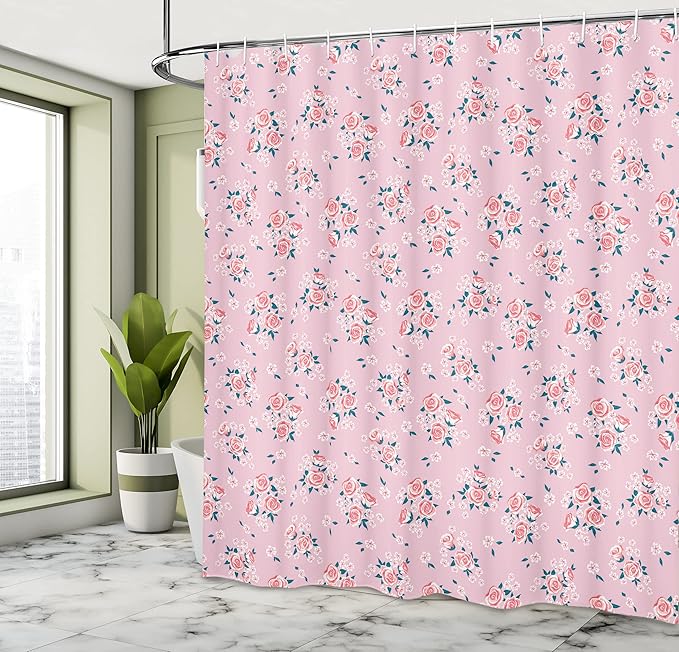 Ambesonne Vintage Shower Curtain, Romantic Shabby Form Style Inspired Flowers with Little Roses Lilacs Artwork, Cloth Fabric Bathroom Decor Set with Hooks, 69" W x 70" L, Pale Pink
